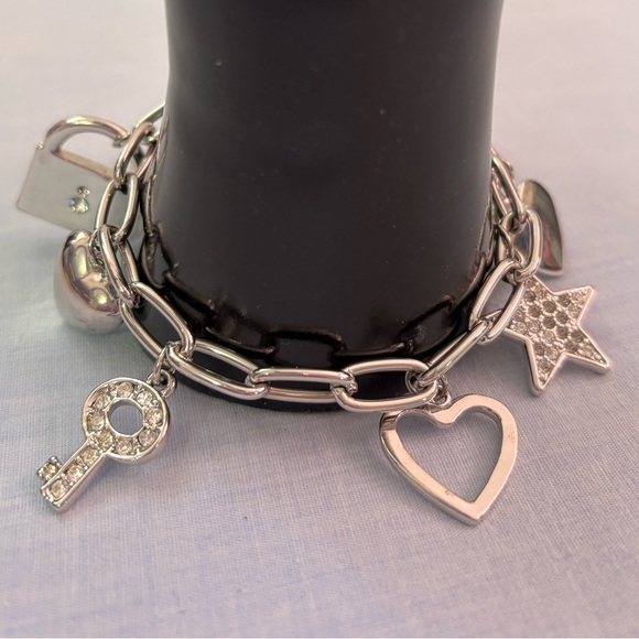 Charm Bracelet with Hearts, Rhinestone Star and Lock and Key in Silver-Tone - Picture 2 of 8